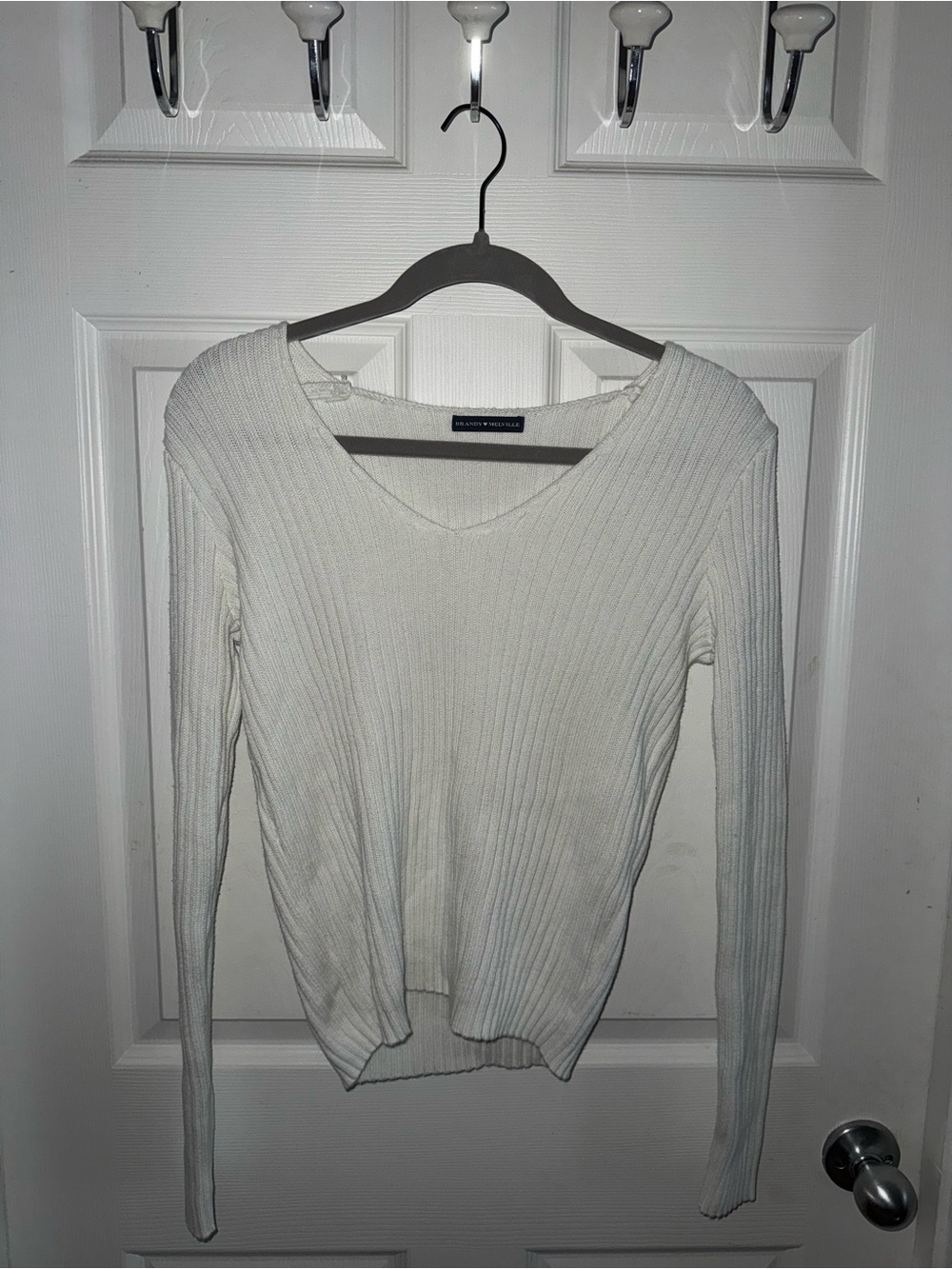 Brandy Melville Cream Ribbed V-Neck Sweater